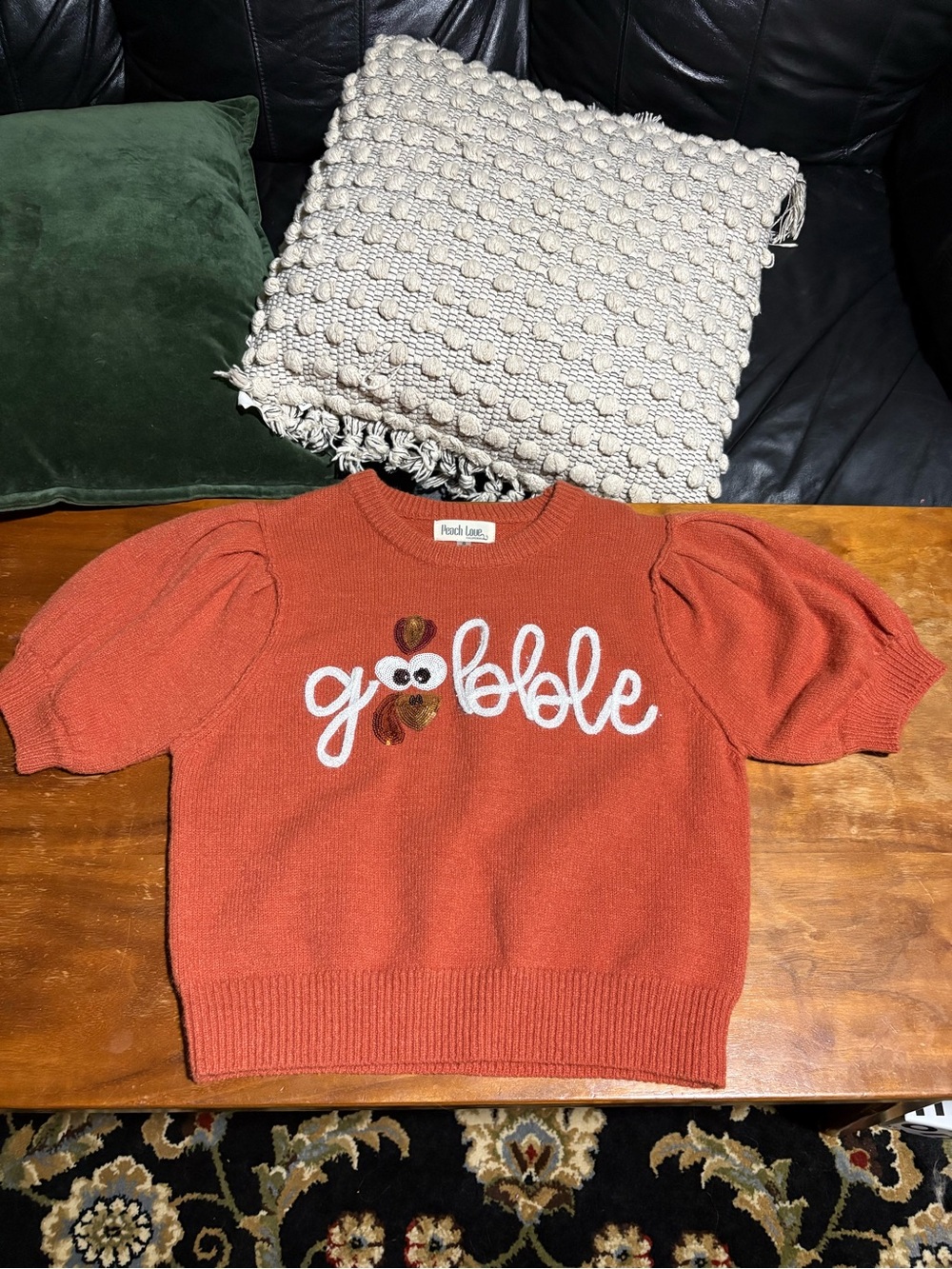 Peach Love California Gobble Turkey Thanksgiving Puff Sleeve Sweater Small